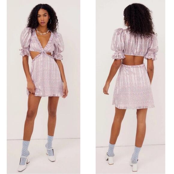 For Love & Lemons Phoebe Floral Cutout Puff Sleeve Mini Dress Size XL - Picture 1 of 10